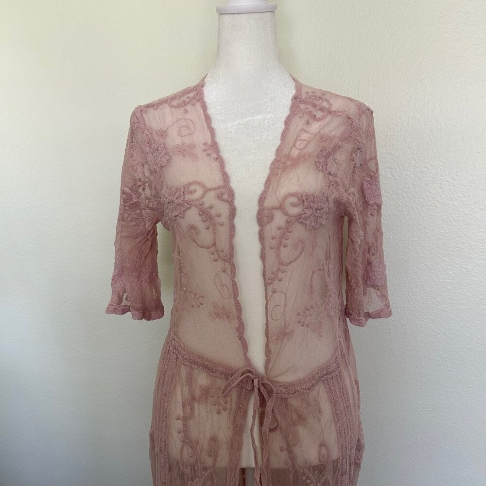 Forgotten Grace Pink Lace Cardigan Duster Tie Front Romantic Boho Topper Sheer - Picture 2 of 7
